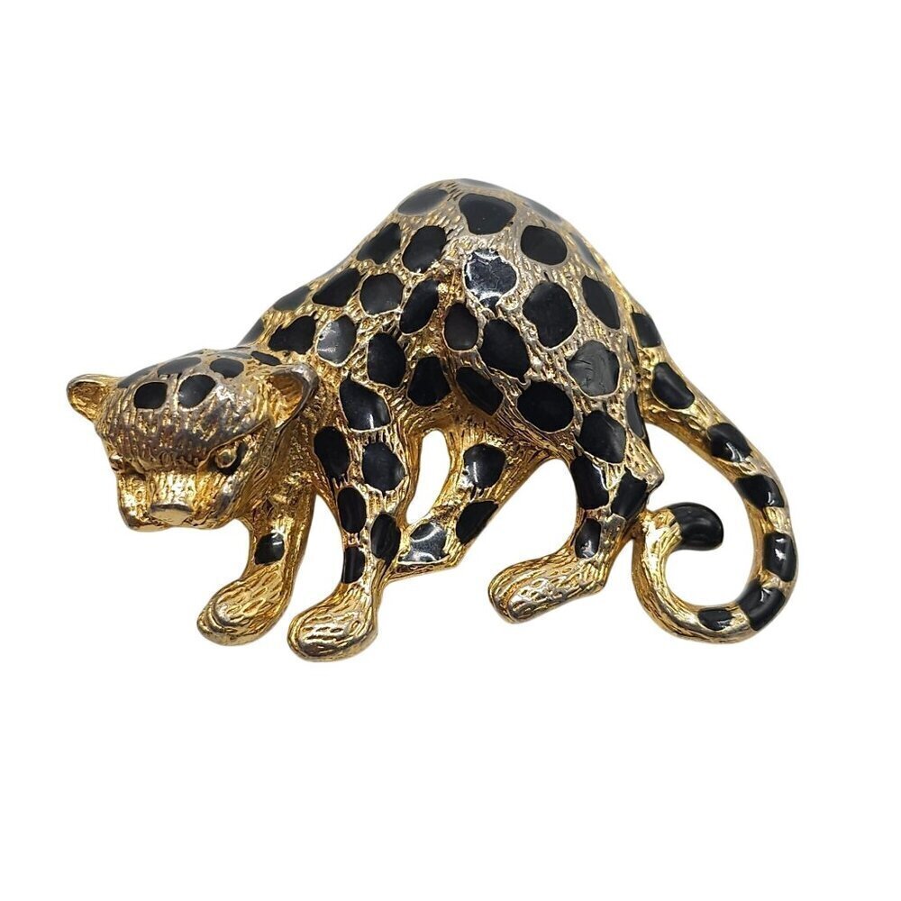 Vintage Unsigned Enamel Leopard Brooch Pendant Cheetah Jaguar